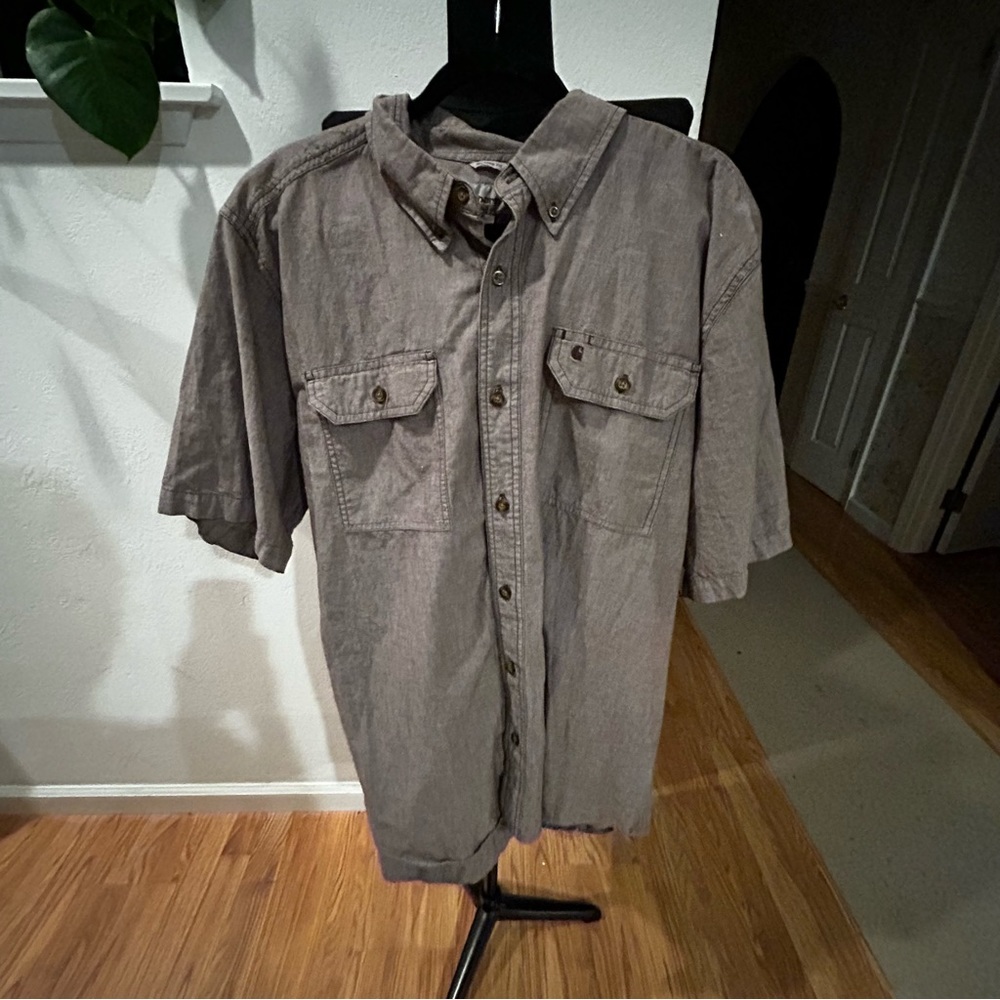 Men’s CARHARTT XL brown grey button up collared shirt linen feel relaxed fit